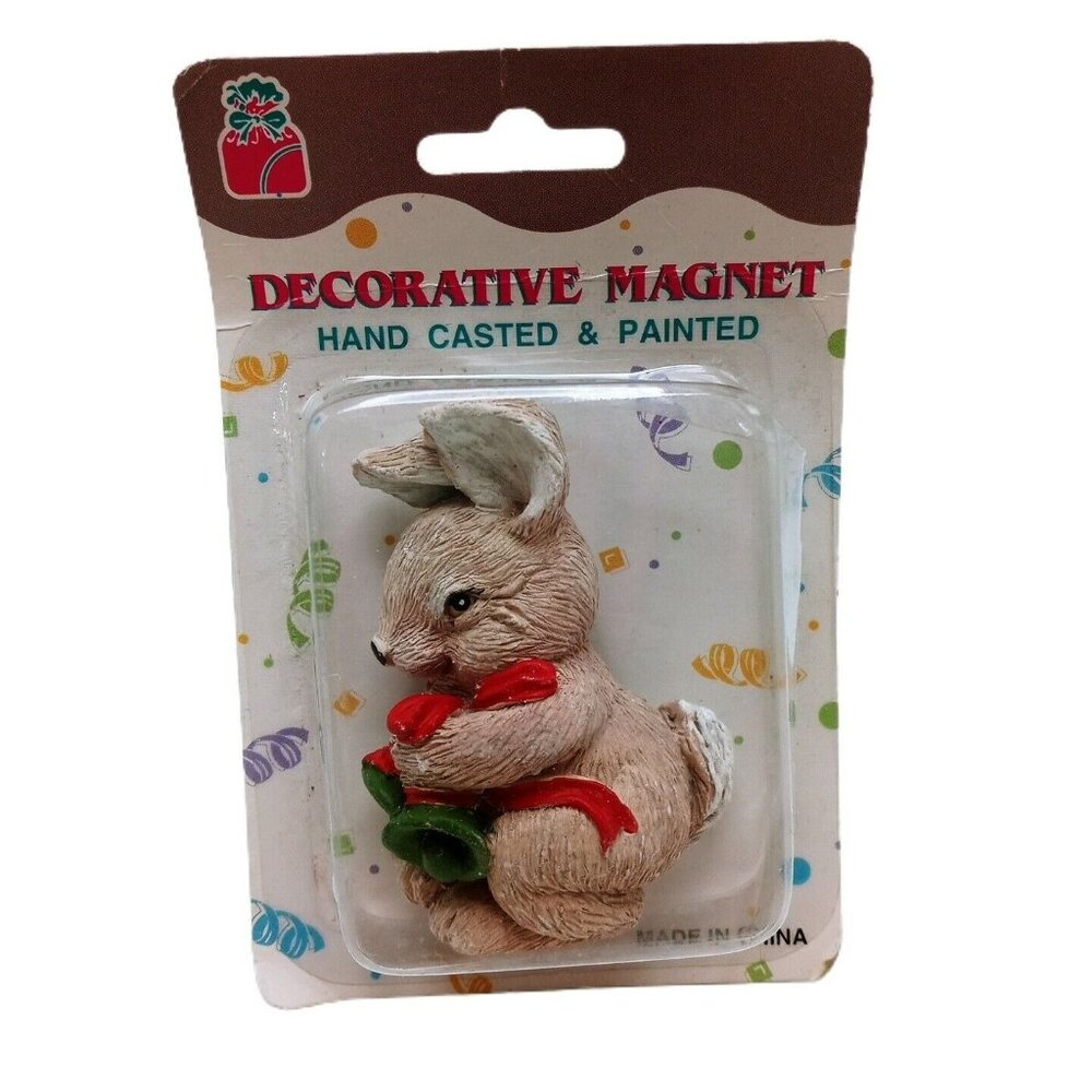 Decorative Rabbit Magnet Hand Casted & Painted With Red Bow Christmas Design